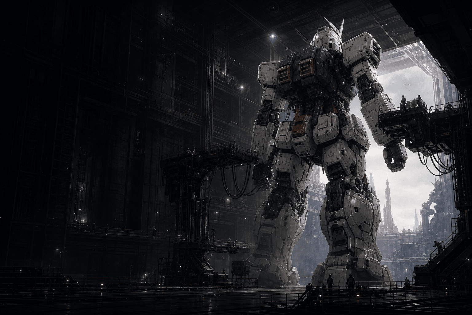 Mobile suit preparing to leave a monumental industrial launch bay