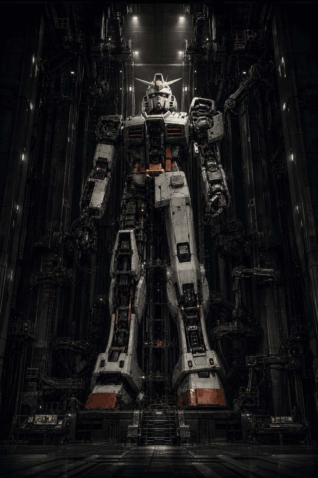 Full-height mobile suit undergoing maintenance inside a service gantry