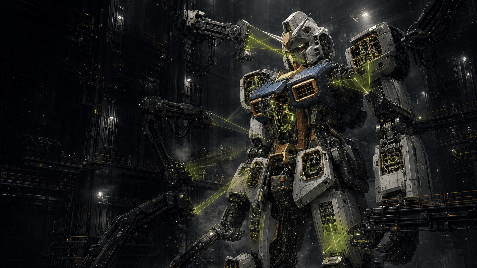 Mobile suit undergoing systems calibration inside an industrial service bay